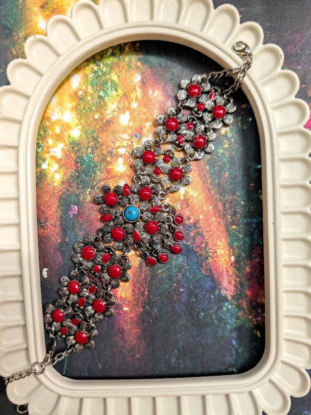 Vintage Red Enamel & Silver Tone Mod Flower Cluster Panel Bracelet